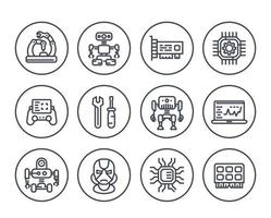 Robotik, Maschinenbau, Roboter, Mikroelektronik-Liniensymbole auf Weiß vektor