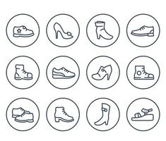 Schuhzeilensymbole auf weiß, kniehohe Stiefel, Absätze, Plateaupumpe, offene Zehenschuhe, Turnschuhe vektor