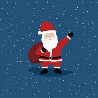glücklich süß Santa claus ist Tragen das Geschenk Sack und erziehen seine Arm auf schneebedeckt Hintergrund. eben Vektor Illustration im Karikatur Stil. Charakter zum Weihnachten und glücklich Neu Jahr Konzept.