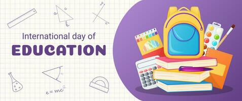 internationell dag av utbildning baner med skola förnödenheter. vektor