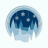 Winter Landschaft mit Weihnachten Bäume, Schnee, driftet und Schneeflocken. Gruß Karte Vorlage zum Weihnachten und Neu Jahr. Vektor Illustration im Papier Schnitt Stil.