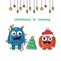tecknad serie rolig monster stående i santa claus hatt. jul eller ny år illustration vektor