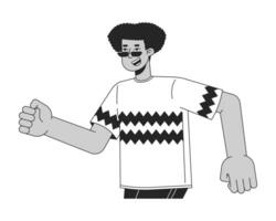 Sonnenbrille Latino Mann Laufen schwarz und Weiß 2d Linie Karikatur Charakter. spanisch Kerl Joggen isoliert Vektor Gliederung Person. 80er Jahre Nostalgie Mode gen z männlich monochromatisch eben Stelle Illustration