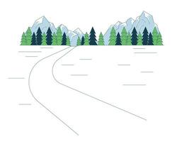 Berghang Ski Weg Linie Karikatur eben Illustration. schneit Neigung. Hinterland Skifahren Bereich 2d lineart Landschaft isoliert auf Weiß Hintergrund. Berg Schnee Spur Szene Vektor Farbe Bild