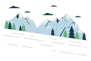 Ski Steigung neben Berg Wald Linie Karikatur eben Illustration. Skifahren bergab 2d lineart Landschaft isoliert auf Weiß Hintergrund. Berge Slalom. Schnee Resort Berghang Szene Vektor Farbe Bild