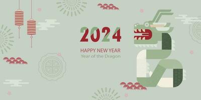 Banner Vorlage zum Chinesisch Neu Jahr mit Drachen und traditionell Muster und Elemente. minimalistisch Stil. Übersetzung von Chinesisch - - glücklich Neu Jahr, Drachen Symbol. Vektor