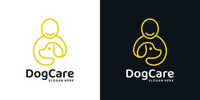 Haustier Pflege Logo Design Vorlage. Menschen Logo mit Hund mit Linie Stil Design Grafik Vektor Illustration. Symbol, Symbol, kreativ.