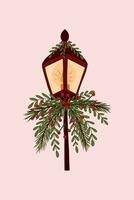 Weihnachten Straße Lampe mit ein Kerze Verbrennung innen, dekoriert mit Geäst, Beeren auf ein Licht Hintergrund. zum Karten, Drucke, Dekorationen. Vektor. vektor