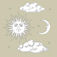 Sammlungen einstellen. Hand gezeichnete Sonne und der Mond mit Wolken und Sternen. Als Gravur stilisiert. Vektor