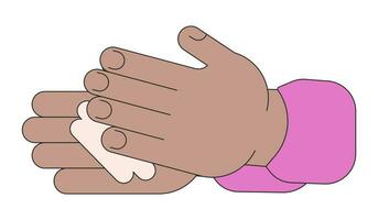 applicering grädde afrikansk amerikan linjär tecknad serie karaktär händer illustration. hudvård fuktkräm kosmetisk översikt 2d vektor bild, vit bakgrund. lotion fuktgivande redigerbar platt Färg ClipArt