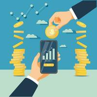 pengar mynt hand innehav på mobil telefon investering. innehav pengar i företag hand, uppkopplad betalning på mobil vektor