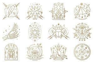esoterisk symboler. vektor illustration. översikt ikon för alkemi, helig geometri. mystiker, magi design med man i yoga lotus utgör, fladdermus vinge, kemi flaska, skalle, Port, scarab skalbagge