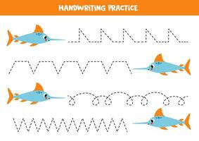 Rückverfolgung Linien zum Kinder. süß Karikatur Schwertfisch. Handschrift ausüben. vektor