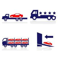 Auto Lieferung durch LKW Symbol. Verteilung Versand logistisch einstellen Etikett. LKW, Schiff, Ebene, Transport, Lieferung, Ladung, Fracht, Route Planung und logistisch andere Element. vektor