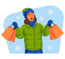 Frau im ein Winter Jacke mit Winter Hut und Schal halten Einkaufen Taschen vektor