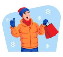 vinter- försäljning och en man i värma kläder med handla påsar vektor