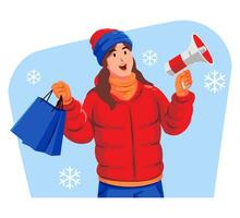 Frau im ein Winter Jacke mit Winter Hut und Schal halten Einkaufen Taschen und Megaphon vektor