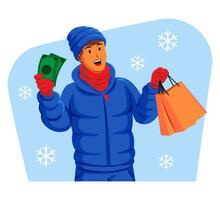 man i en vinter- jacka med vinter- hatt och scarf innehav handla påsar och pengar vektor