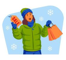 Frau im ein Winter Jacke mit Winter Hut und Schal halten Einkaufen Taschen vektor