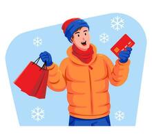 jung Mann im Winter Kleider halten rot Anerkennung Karte und Einkaufen Taschen vektor