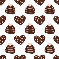 nahtlos Muster mit Pralinen Süßigkeiten im bilden Herz mit Rosa Glasur. Süss Valentinstag Tag Hintergrund. Vektor eben Illustration.