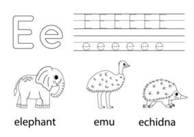 Spur Großbuchstaben und Kleinbuchstaben Brief e. Tier Alphabet zum Kinder. vektor