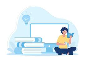 Frau lesen ein Buch mit ein Computer im das Hintergrund Konzept eben Illustration vektor