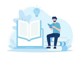 Mann ist lesen während Sitzung auf ein Buch mit Wissen Lernen Konzept eben Illustration vektor
