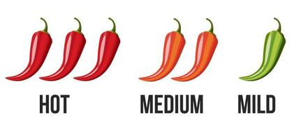 ikoner med chilipeppar kryddnivåer. het peppar tecken för packning kryddig mat. indikatorer för mild, medium och varm pepparsås. vektor illustration