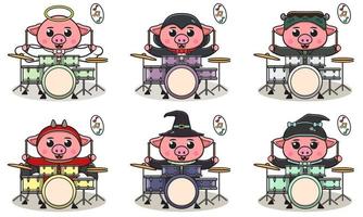vektor illustration av gris med halloween kostym spelar trumma