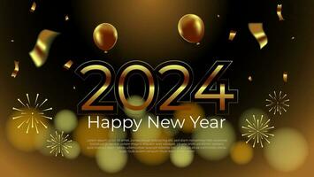 gyllene 2024 bakgrund design med ballong, konfetti och fyrverkeri. festlig ny år baner eller affisch vektor