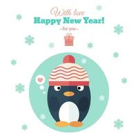 vinter- kort med pingvin i stickat rosa hatt och snöflingor vektor