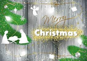 glad jul hälsning kort begrepp. religiös affisch. kyrka inbjudan mall. trä- och glittrande bakgrund vektor