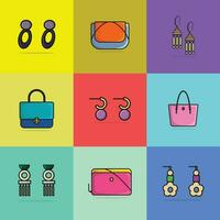 Sammlung von 9 modern Designer Damen Handtaschen und bunt Ohrringe Vektor Illustration. Schönheit Mode Objekte Symbol Konzept. einstellen von Frauen Mode Design Zubehör Vektor Design.