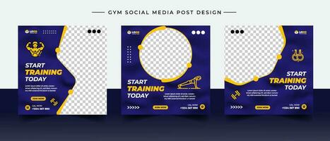 Fitnessstudio, Fitness, und Sport Sozial Medien Post Vorlage Design Satz. vektor