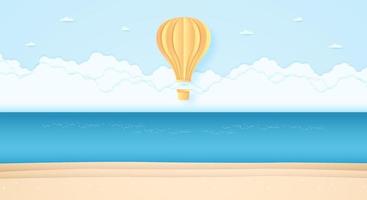 ljus luftballong som flyger över havet i den blå himlen och stranden, papper konst stil vektor