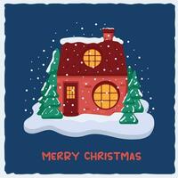 jul kort med en hus i de snö med jul träd och snöfall. vektor