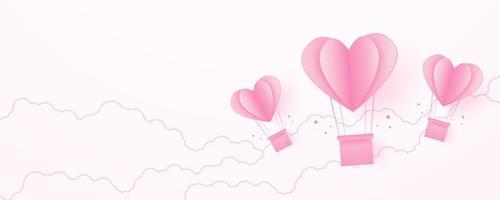 Valentinstag, Liebeskonzepthintergrund, herzförmige Heißluftballons aus Papier, die mit Wolke am Himmel schweben, Leerraum, Papierkunststil vektor