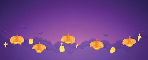 Halloween orange Kürbiskopf, Fledermäuse und Friedhof auf Wolke, Kopierraum, Papierkunststil vektor