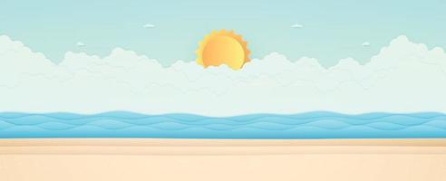 Sommerzeit, Meerblick, Landschaft, blaues Meer mit Strand, Wolken und strahlender Sonne, Papierkunststil vektor