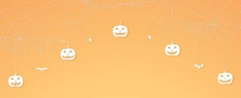 Halloween-Kürbiskopf, Spinnen und Fledermäuse hängen, Spinnennetz-Banner, Spinnennetz-Hintergrund, Kopierraum vektor
