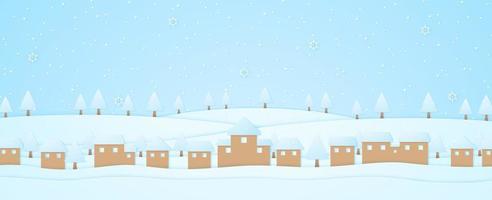 Winterlandschaft, Dorf und Bäume auf einem Hügel mit Schneefall und Schneeflocke, Papierkunststil vektor