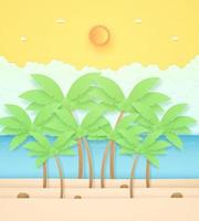 sommartid, havslandskap, landskap, kokospalmer och sten på stranden med hav, strålande sol och orange solig himmel, papper konststil vektor