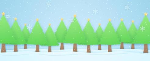 Winterlandschaft, Weihnachtsbäume auf Schnee mit Schneefall und Schneeflocken, Papierkunststil vektor