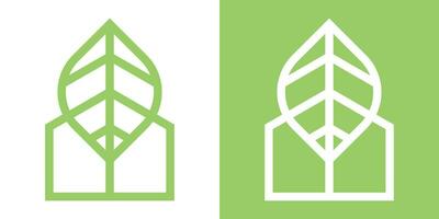 logotyp design byggnad och blad ikon linje vektor illustration