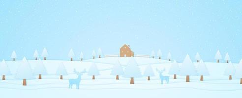 Winterlandschaft, Haus und Bäume auf einem Hügel mit Rentieren, Schneefall, Papierkunststil vektor