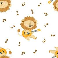 nahtlos Vektor Muster. süß Löwe spielen Gitarre, Blatt Musik. Muster zum Drucken auf Kinder- Produkte auf Weiß Hintergrund