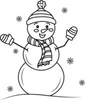süß lächelnd Schneemann im ein Hut auf seine Kopf und ein Schal, hervorgehoben auf ein Weiß hintergrund.vektor schwarz und Weiß Illustration. perfekt zum Urlaub und Weihnachten Entwürfe. Färbung von ein süß Karikatur sno vektor