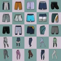 Sammlung von 25 Jungs komfortabel Unterwäsche kurze Hose und Hose Vektor Illustration. Sport und Mode Objekte Symbol Konzept.