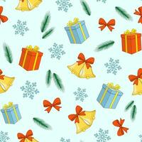 sömlös mönster med jul Tillbehör. klingande klockor, gåva låda, rosett, snöflinga, gran gren. festlig bakgrund. Lycklig ny år vektor illustration.
